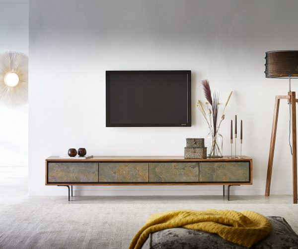 TV stolek Juwelo 200 cm přírodní akácie s kamennou dýhou 4 dvířka - Image 2