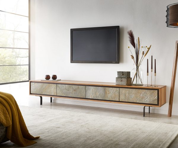 TV stolek Juwelo 220 cm přírodní akácie s kamennou dýhou 4 dvířka - Image 2