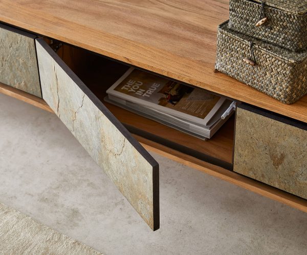 TV stolek Juwelo 220 cm přírodní akácie s kamennou dýhou 4 dvířka - Image 5