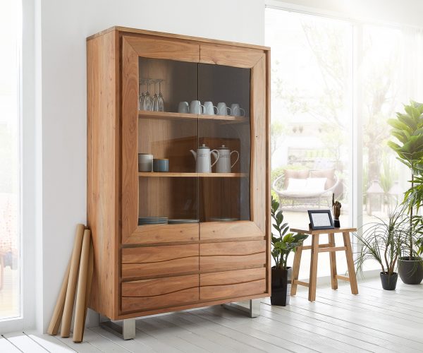 Vitrína Live Edge 120x190 cm přírodní akácie rovná hrana 2 dvířka 4 zásuvky masiv