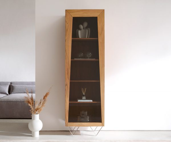 Skříň Kayu 55x180 cm přírodní akácie vitrína 1 dvířka podnož ve tvaru "V" - Image 2