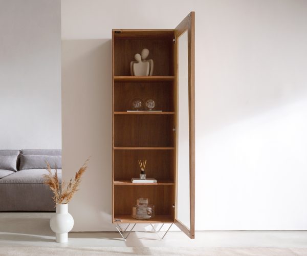 Skříň Kayu 55x180 cm přírodní akácie vitrína 1 dvířka podnož ve tvaru "V" - Image 4