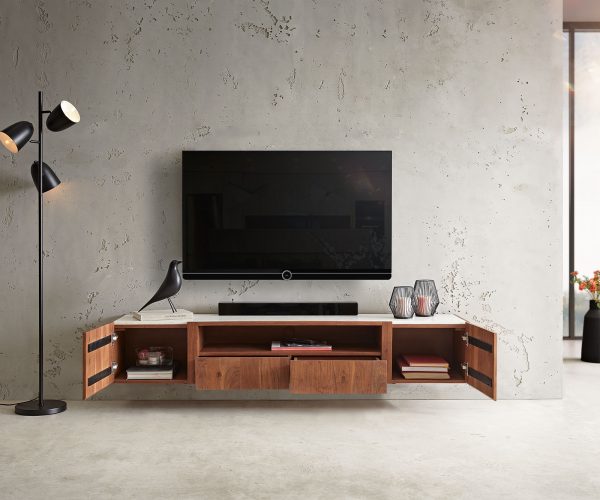 TV stolek Secara 175 cm akácie hnědá 2 dvířka 2 zásuvky mramor závěsné - Image 4
