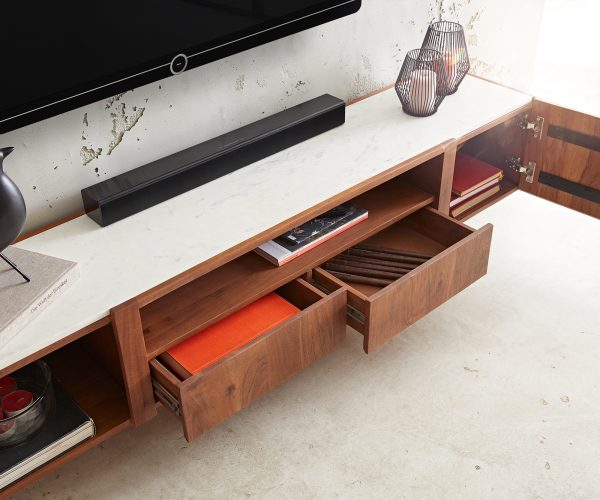TV stolek Secara 175 cm akácie hnědá 2 dvířka 2 zásuvky mramor závěsné - Image 5