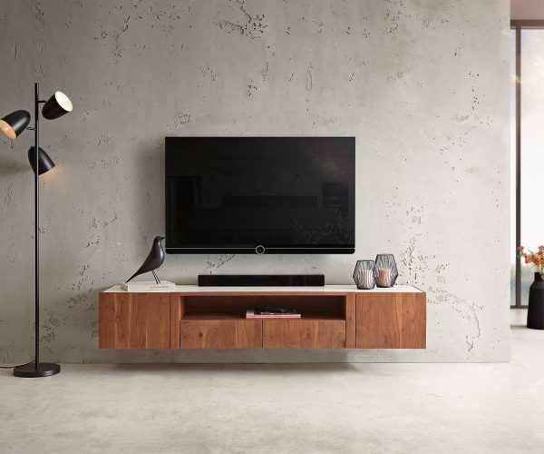 TV stolek Secara 175 cm akácie hnědá 2 dvířka 2 zásuvky mramor závěsné