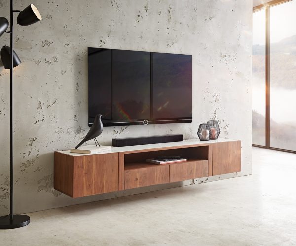 TV stolek Secara 175 cm akácie hnědá 2 dvířka 2 zásuvky mramor závěsné - Image 2