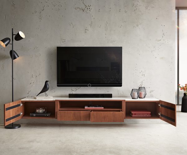TV stolek Secara 220 cm akácie hnědá 2 dvířka 2 zásuvky mramor závěsné - Image 4