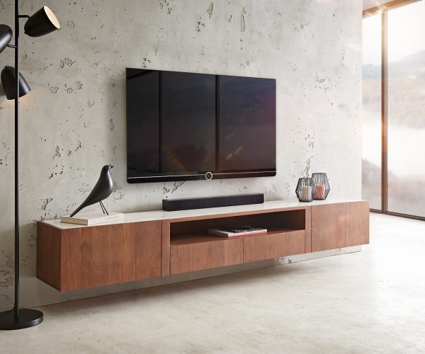 TV stolek Secara 220 cm akácie hnědá 2 dvířka 2 zásuvky mramor závěsné - Image 2