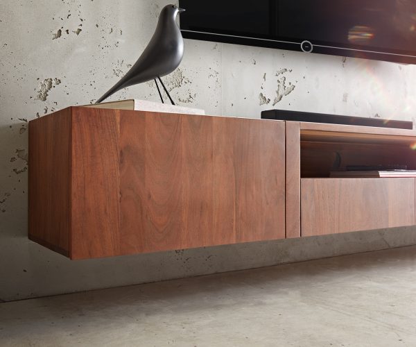 TV stolek Secara 220 cm akácie hnědá 2 dvířka 2 zásuvky mramor závěsné - Image 6