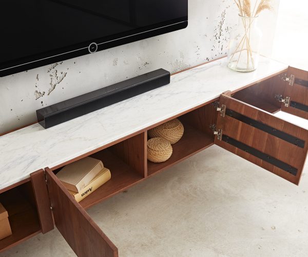 TV stolek Secara 200 cm akácie hnědá 4 dvířka mramor závěsné - Image 5