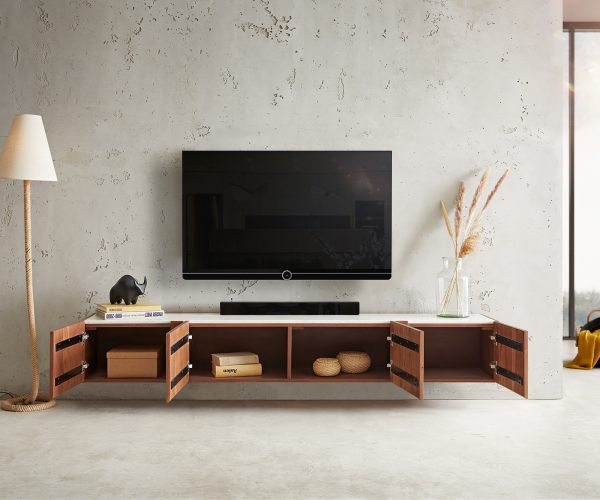 TV stolek Secara 200 cm akácie hnědá 4 dvířka mramor závěsné - Image 4