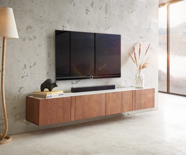 TV stolek Secara 200 cm akácie hnědá 4 dvířka mramor závěsné - Image 2