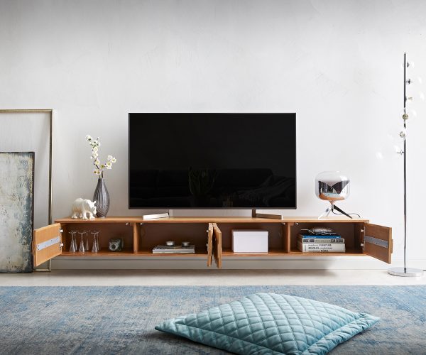 TV stolek Fevo 220 cm akácie přírodní 4 dvířka závěsné - Image 4