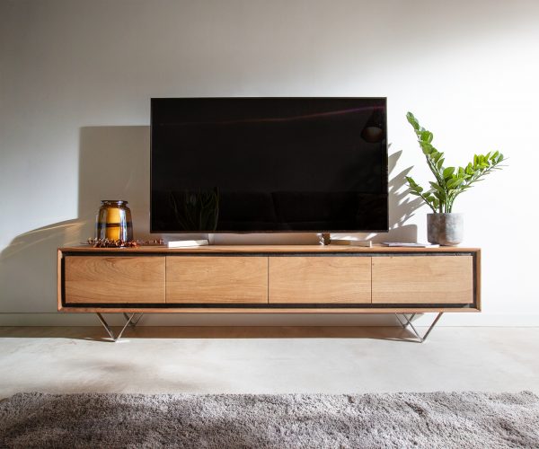 TV stolek Stonegrace 200 cm akácie přírodní 4 dvířka kamenná podnož podnož ve tvaru "V" - Image 2