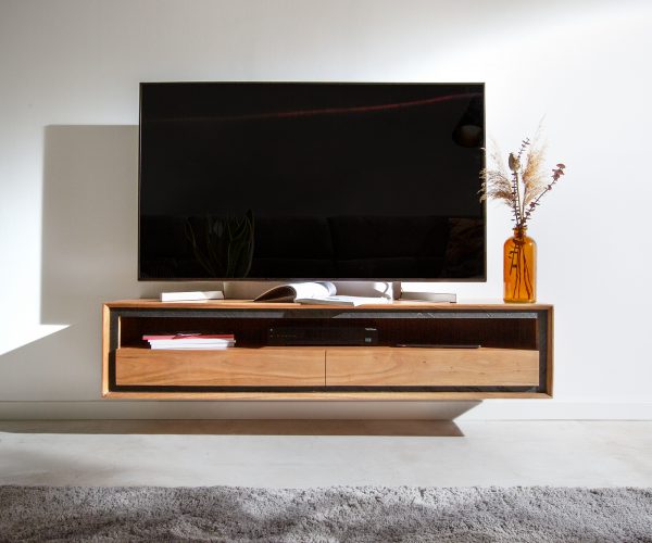 TV stolek Stonegrace 145 cm akácie přírodní 1 přihrádka 2 zásuvky kamenná dýha závěsné - Image 2