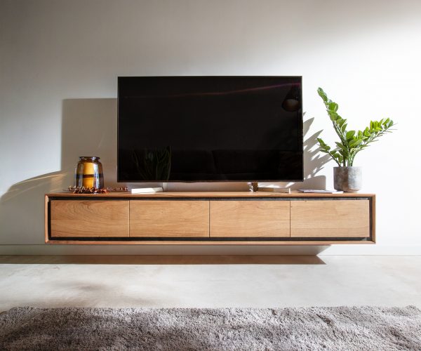 TV stolek Stonegrace 200 cm akácie přírodní 4 dvířka kamenná dýha závěsné - Image 2