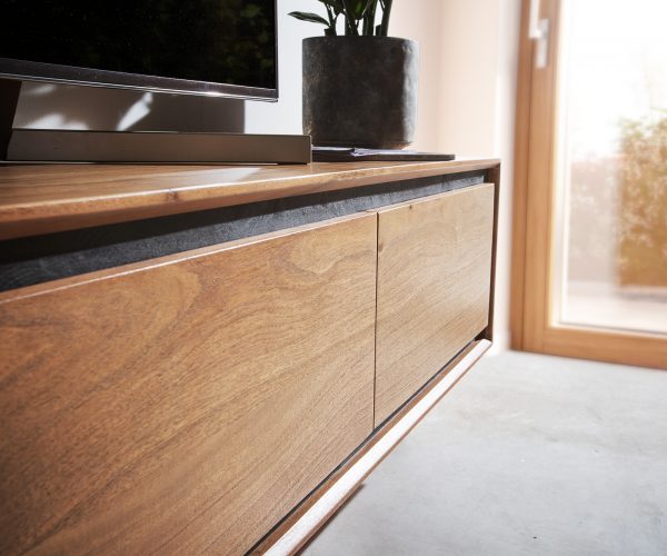 TV stolek Stonegrace 200 cm akácie přírodní 4 dvířka kamenná dýha závěsné - Image 4