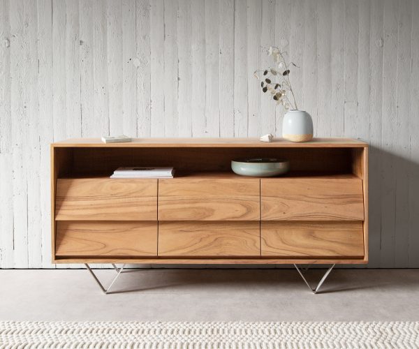 Komoda Eloi 145x40 cm přírodní akácie 6 zásuvek podnož ve tvaru "V" nerezová ocel - Image 2