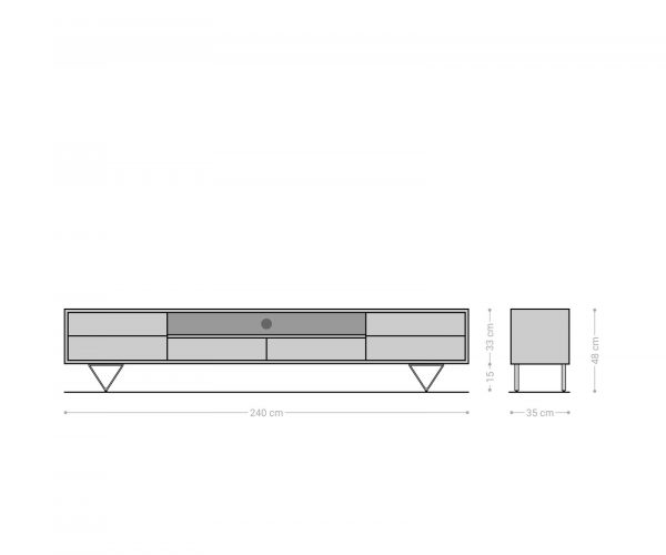 TV stolek Eloi 240x35 cm akácie hnědá 2 dvířka 2 zásuvky podnož ve tvaru "V" černá - Image 7