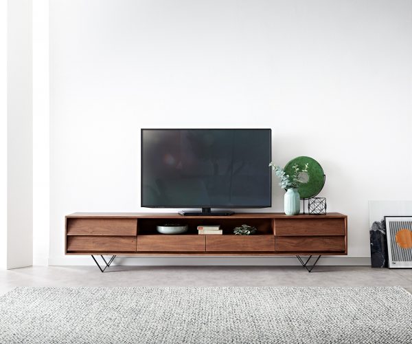 TV stolek Eloi 240x35 cm akácie hnědá 2 dvířka 2 zásuvky podnož ve tvaru "V" černá - Image 2