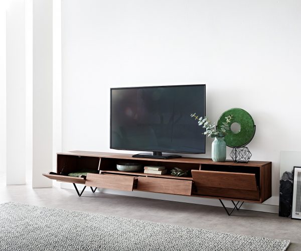 TV stolek Eloi 240x35 cm akácie hnědá 2 dvířka 2 zásuvky podnož ve tvaru "V" černá - Image 4