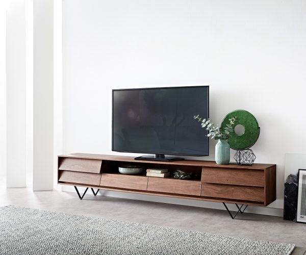 TV stolek Eloi 240x35 cm akácie hnědá 2 dvířka 2 zásuvky podnož ve tvaru "V" černá