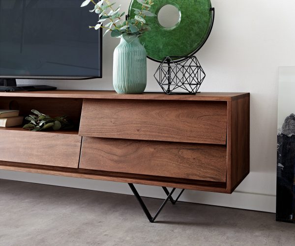 TV stolek Eloi 240x35 cm akácie hnědá 2 dvířka 2 zásuvky podnož ve tvaru "V" černá - Image 6