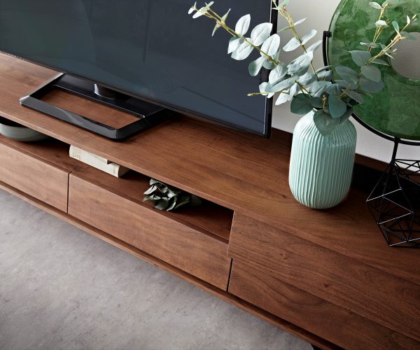 TV stolek Eloi 240x35 cm akácie hnědá 2 dvířka 2 zásuvky podnož ve tvaru "V" černá - Image 5