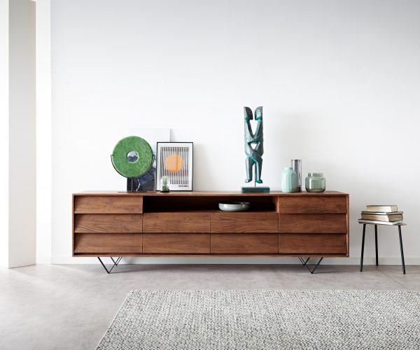 Komoda Eloi 240x40 cm akácie hnědá 2 dvířka 4 zásuvky podnož ve tvaru "V" černá - Image 2