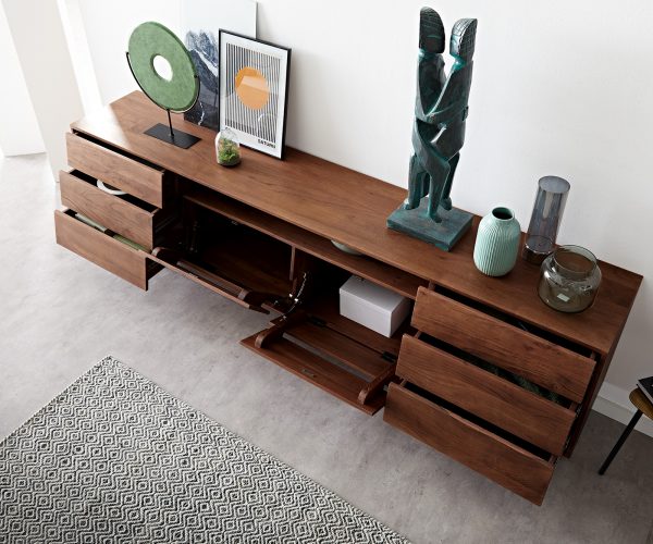 Komoda Eloi 240x40 cm akácie hnědá 2 dvířka 4 zásuvky podnož ve tvaru "V" černá - Image 4