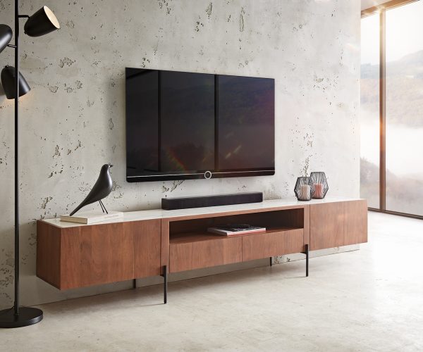 TV stolek Secara 220 cm akácie hnědá 2 dvířka 2 zásuvky mramorová podnož černá - Image 2