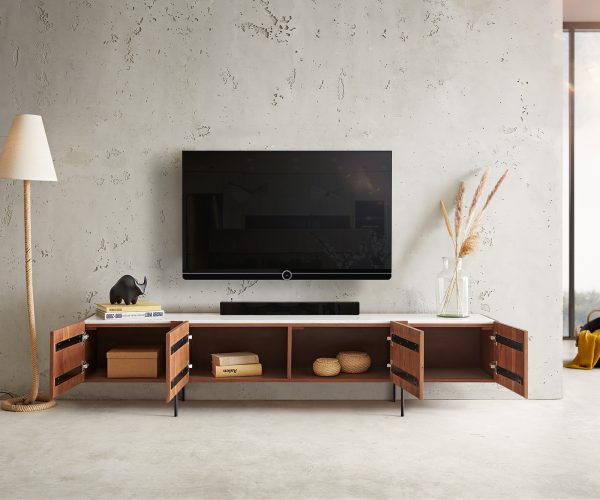 TV stolek Secara 200 cm akácie hnědá 4 dvířka mramorová podnož černá - Image 4