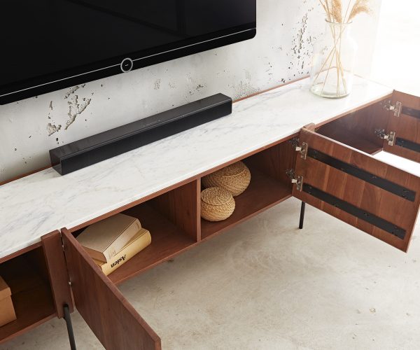 TV stolek Secara 200 cm akácie hnědá 4 dvířka mramorová podnož černá - Image 5