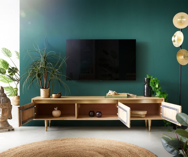 TV stolek Budaya mango přírodní 175 cm 3 dvířka kulatá podnož - Image 4