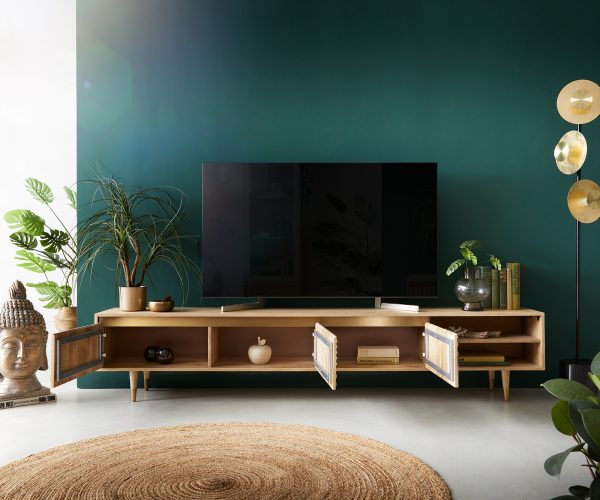 TV stolek Budaya mango přírodní 220 cm 3 dvířka 2 přihrádky podnož kulatá - Image 4
