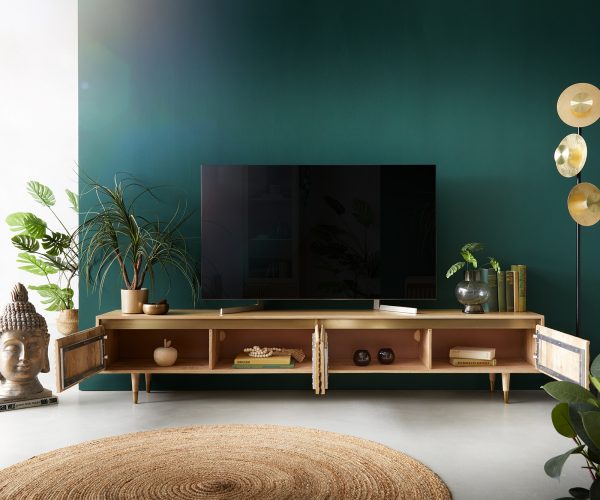 TV stolek Budaya mango přírodní 220 cm 4 dvířka kulatá podnož - Image 4