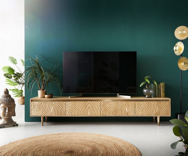 TV stolek Budaya mango přírodní 220 cm 4 dvířka kulatá podnož - Image 2