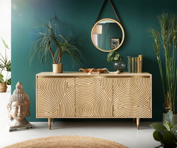 Komoda Budaya mango přírodní 150 cm 3 dvířka kulatá podnož - Image 2