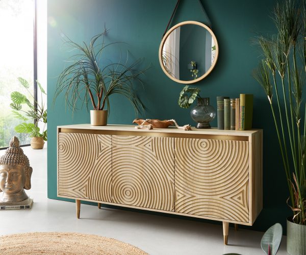 Komoda Budaya mango přírodní 150 cm 3 dvířka kulatá podnož