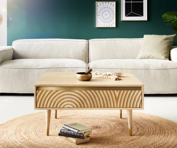 Konferenční stolek Budaya mango přírodní 80x60 cm 2 zásuvky kulatá podnož - Image 2