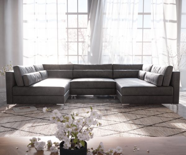 Pohovka ve tvaru "U" Elio 300x185 cm imitace kůže vintage antracitová s taburetem - Image 2