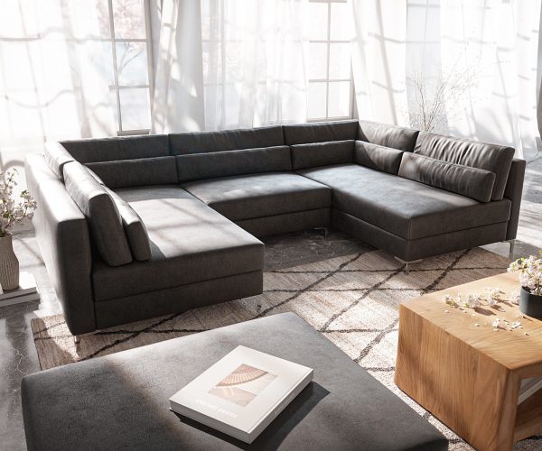 Pohovka ve tvaru "U" Elio 300x185 cm imitace kůže vintage antracitová s taburetem - Image 4
