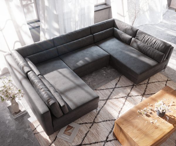 Pohovka ve tvaru "U" Elio 300x185 cm imitace kůže vintage antracitová s taburetem - Image 5