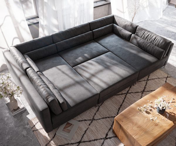 Pohovka ve tvaru "U" Elio 300x185 cm imitace kůže vintage antracitová s taburetem - Image 6