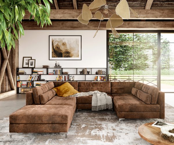 Pohovka ve tvaru "U" Elio 300x185 cm imitace kůže vintage hnědá vintage s taburetem - Image 2