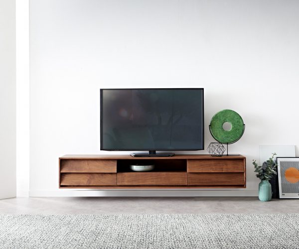 TV stolek Eloi 200x35 cm akácie hnědá 2 dvířka 1 zásuvka závěsné - Image 2