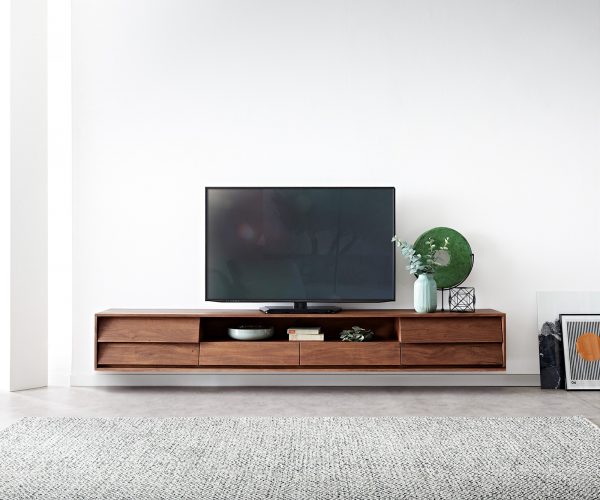 TV stolek Eloi 240x35 cm akácie hnědá 2 dvířka 2 zásuvky závěsné - Image 2