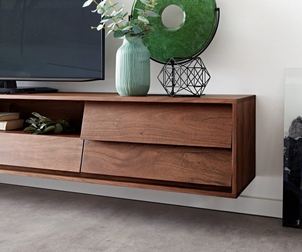 TV stolek Eloi 240x35 cm akácie hnědá 2 dvířka 2 zásuvky závěsné - Image 6