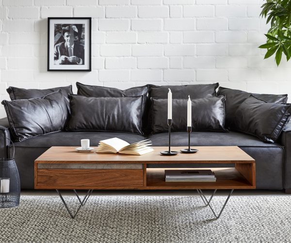Konferenční stolek Stonegrace 115x60 cm akácie hnědá břidlice 2 zásuvky 1 přihrádka podnož ve tvaru "V" černá - Image 2