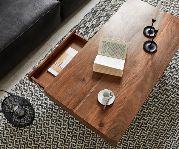 Konferenční stolek Stonegrace 115x60 cm akácie hnědá břidlice 2 zásuvky 1 přihrádka podnož ve tvaru "V" černá - Image 4